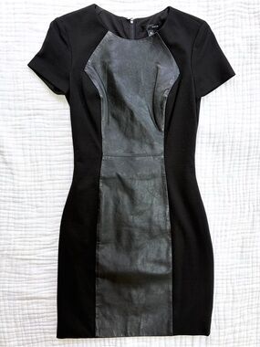 AQUA Leather Panel Dress XS Black Bodycon Mini Mixed Media Sheath